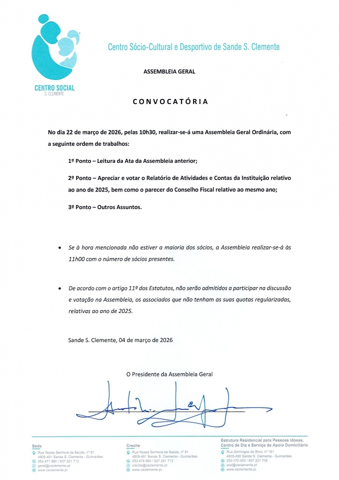 Convocatória Assembleia Geral - 22 Março 2026 - Centro S.C.D.Sande S.Clemente